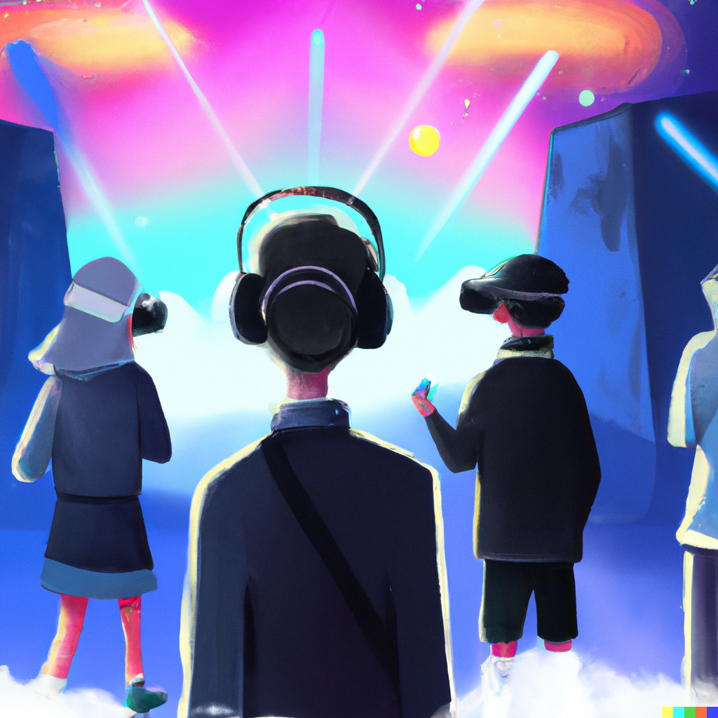 Concept illustration of people exploring a colorful virtual world together